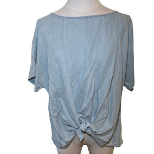 Loft Women Medium Blouse Blue Denim Knot Shirt Flowy Lagenlook Classic Fisherman